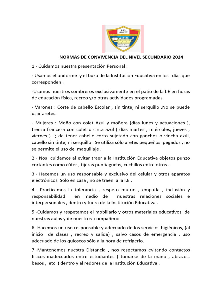 Normas de Convivencia Secundaria 2024 | PDF