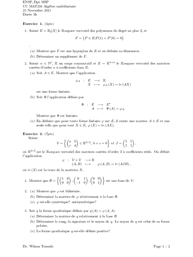 Algèbre multilinéaire : exercices et solutions | PDF | Matrice ...