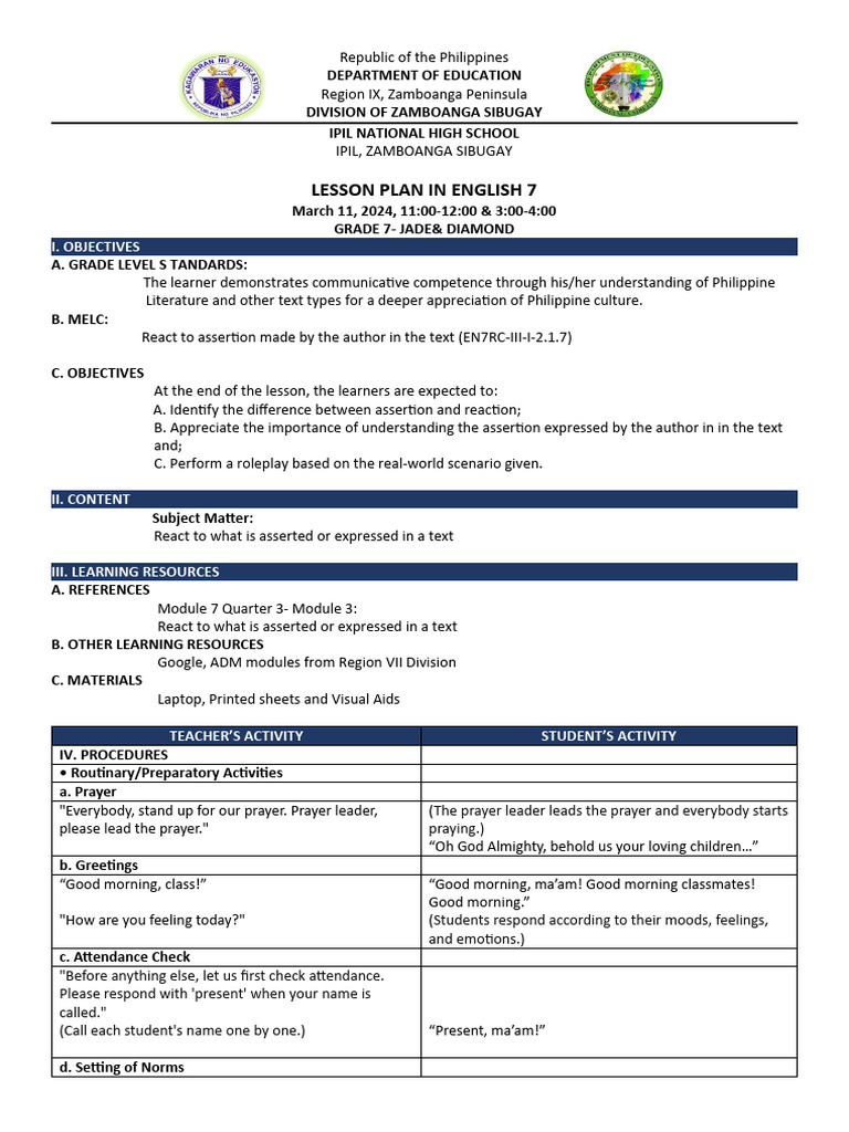 Opening Prayer in English 7 Lesson Plan | PDF | Learning | Communication