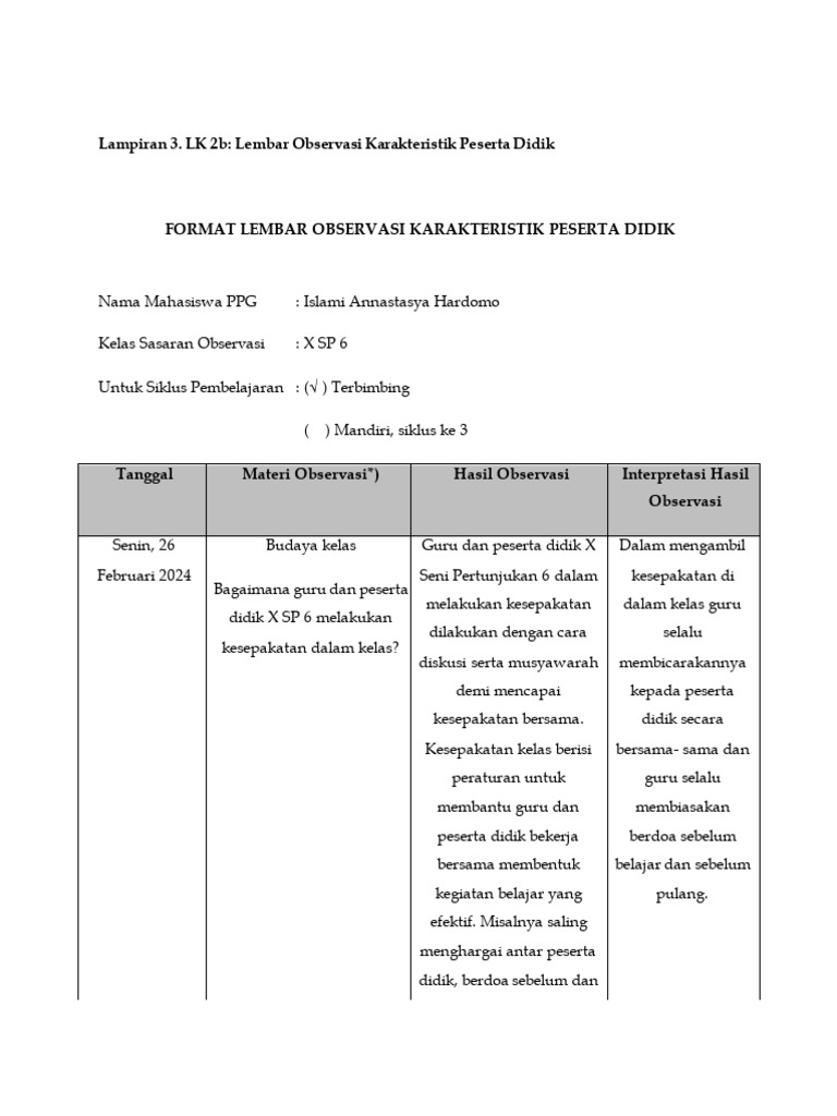 Observasi Karakteristik Peserta Didik X SP 6 | PDF