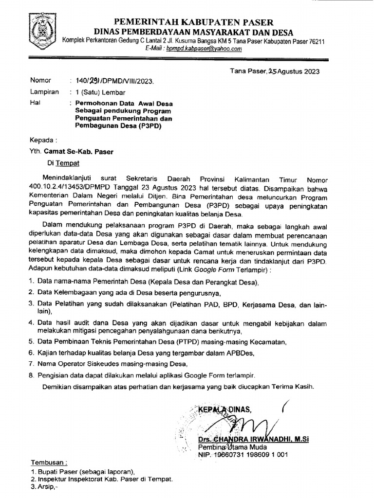 Permohonan Data Awal Desa Terkait Program P3PD 2023 | PDF