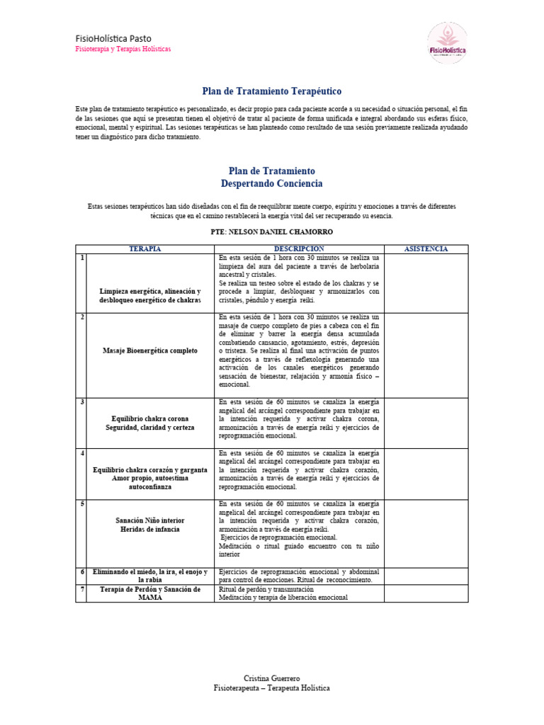 Plan de Tratamiento Terapéutico NELSON DANIEL | PDF | Reiki | Terapia ...