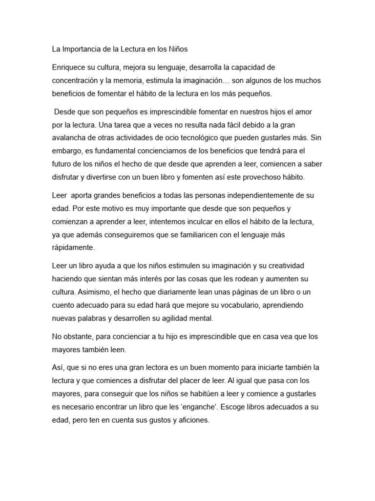 La Importancia de La Lectura en Los Niños | PDF | Dislexia | Aprendizaje