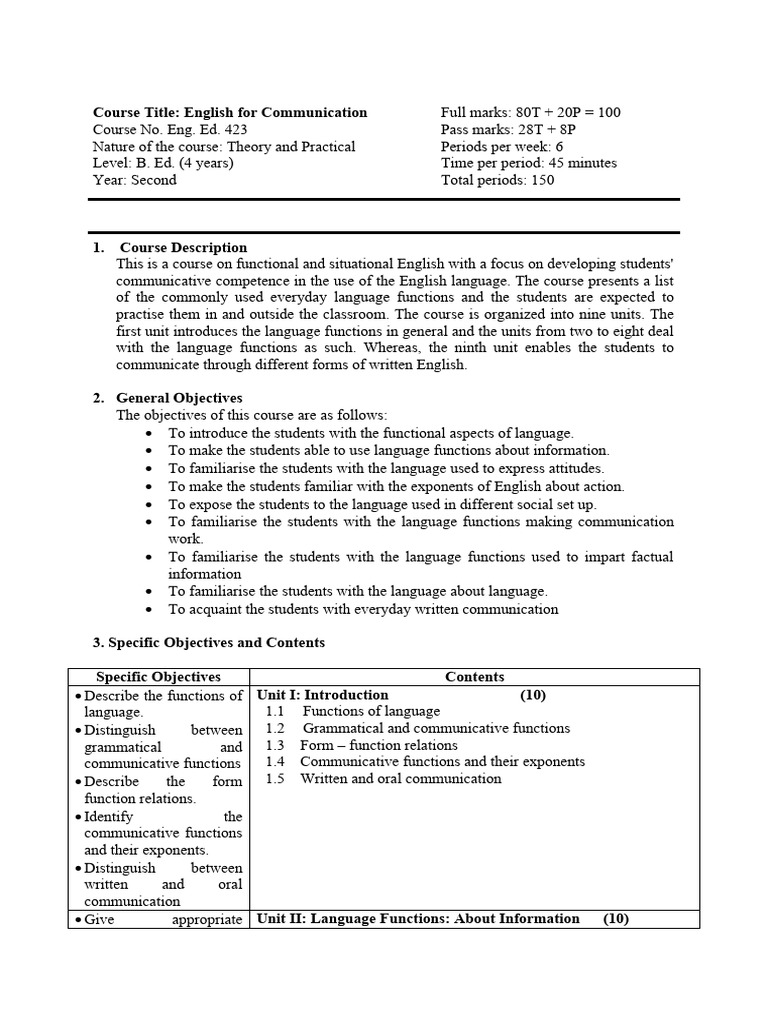 English for Communication Course Outline | PDF | Communication | Oxford ...
