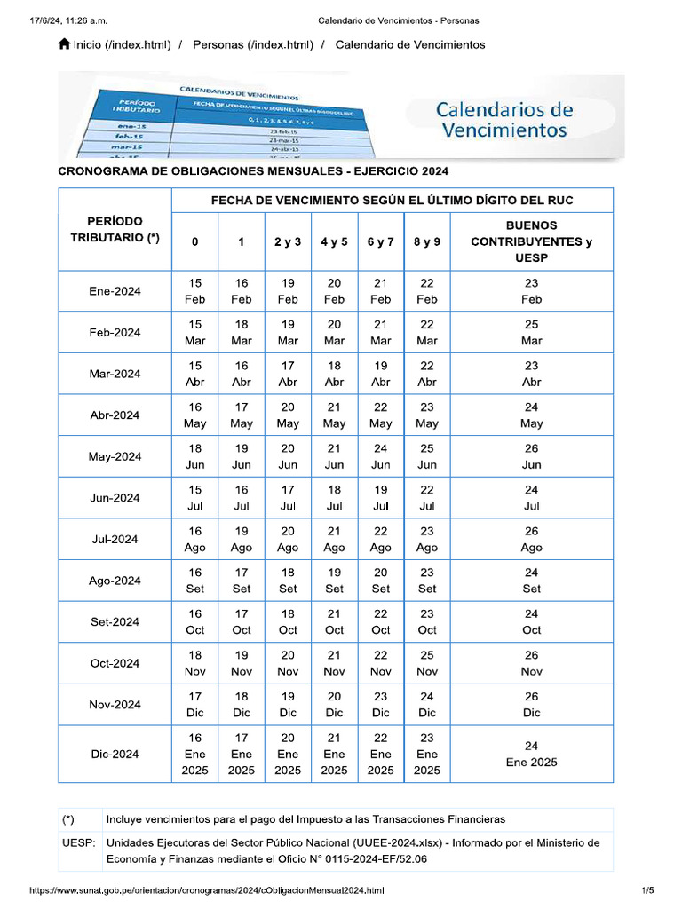 Calendario de Vencimientos SUNAT | PDF