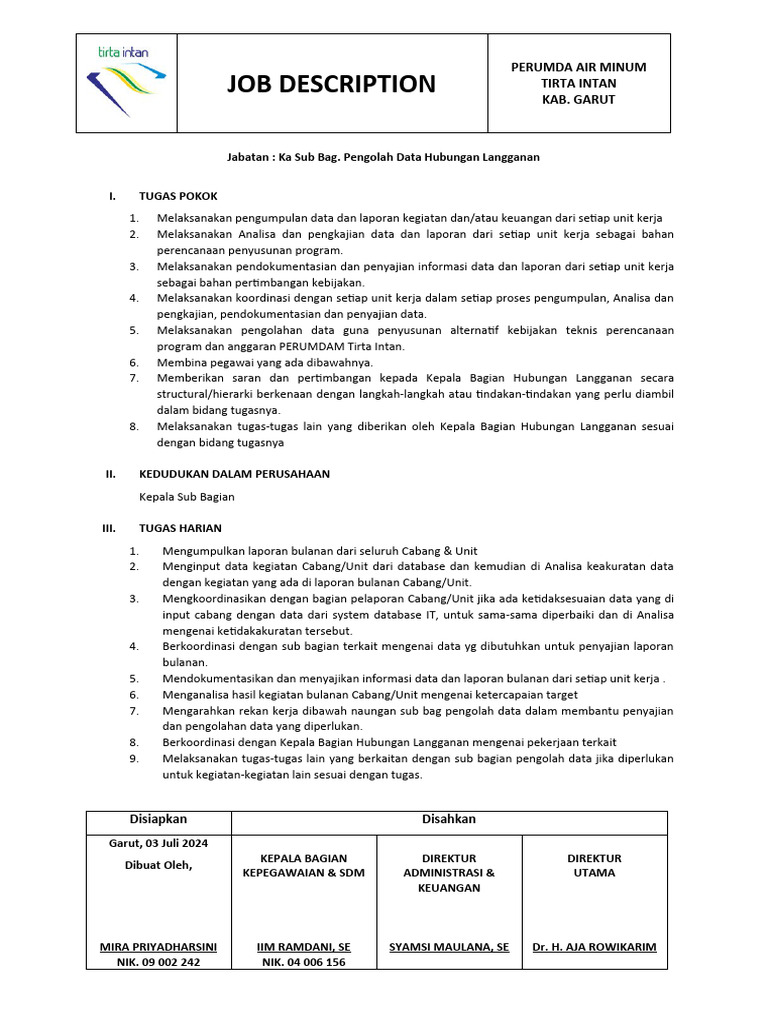 Jobdesk Perumda Tirta Intan Pengolah Data Hublang | PDF