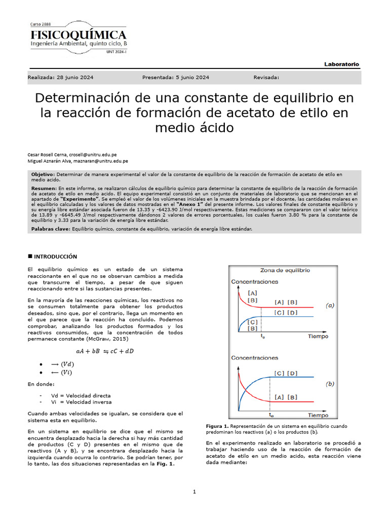 Constante de Equilibrio del Acetato de Etilo | PDF | Equilibrio químico ...