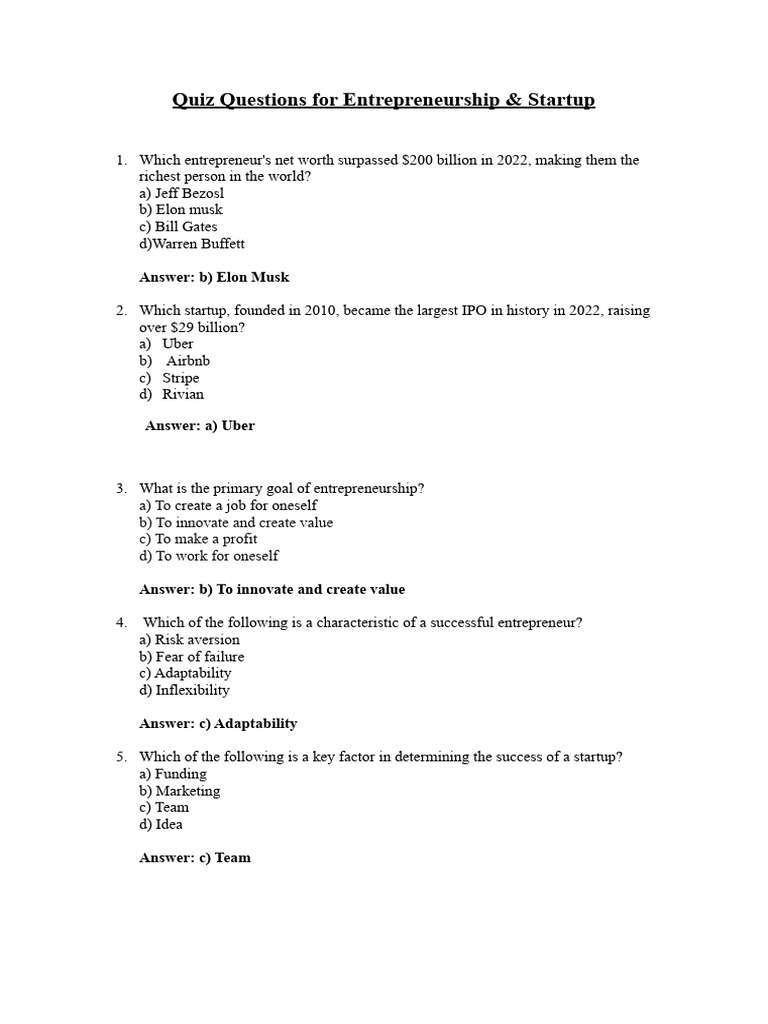 Quiz Questions | PDF | Entrepreneurship | Startup Company
