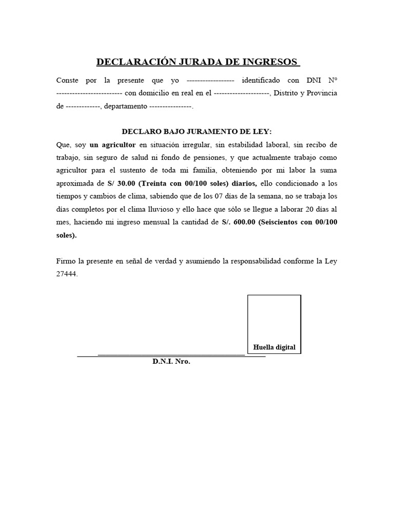 Declaracion Jurada De Ingresos Modelo Peru Risetcarta De Empleador De ...
