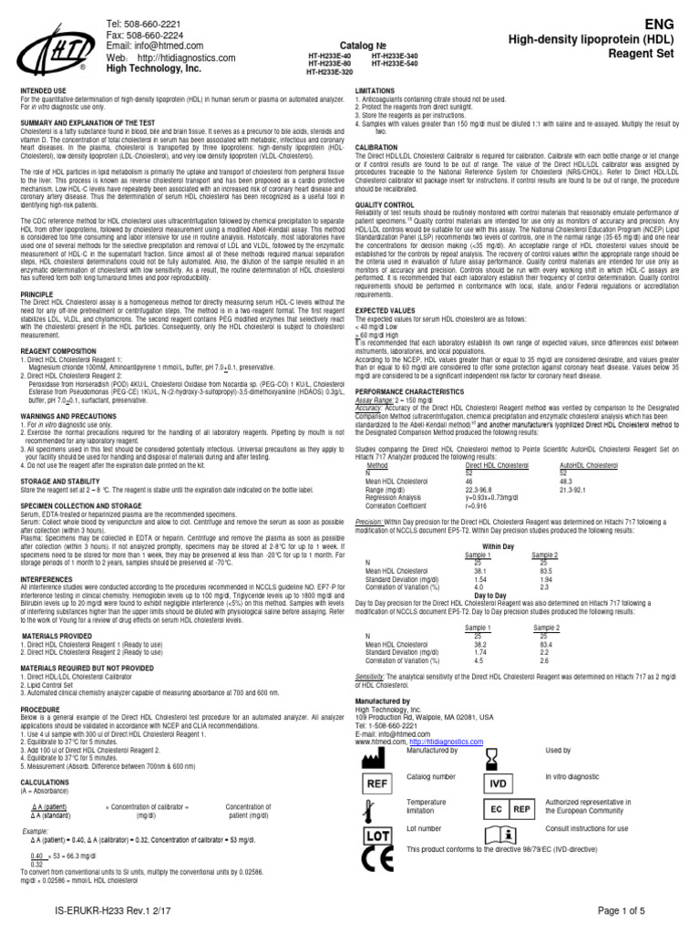 HDL Cholesterol Reagent Set Overview | PDF | High Density Lipoprotein ...