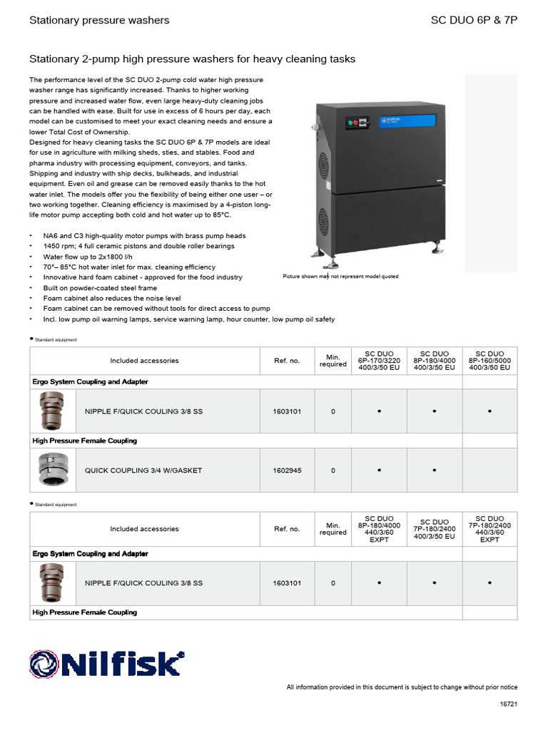 Stationary Pressure Washers SC Duo 6P & 7P | PDF | Pump | Washing Machine