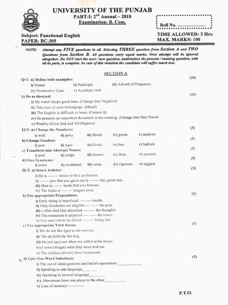 B.Com Functional English Exam Paper 2018 | PDF | Experience | Psychology