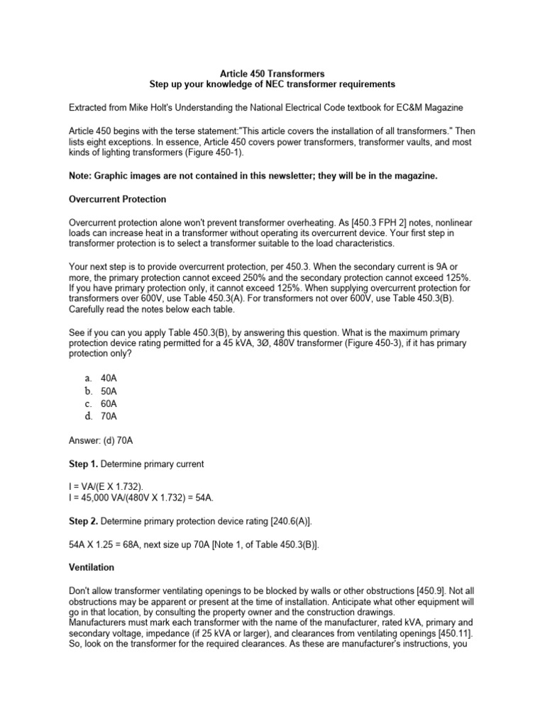 NEC Article 450: Transformer Guidelines | PDF | Transformer ...