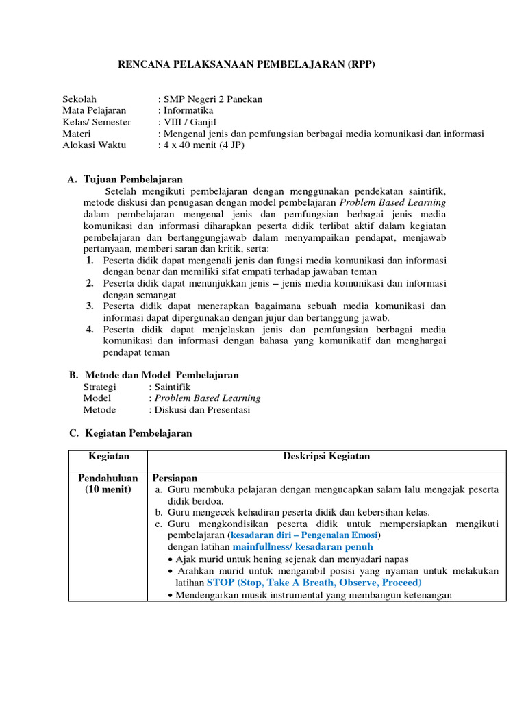 RPP Pembelajaran Informatika Kelas 8 | PDF