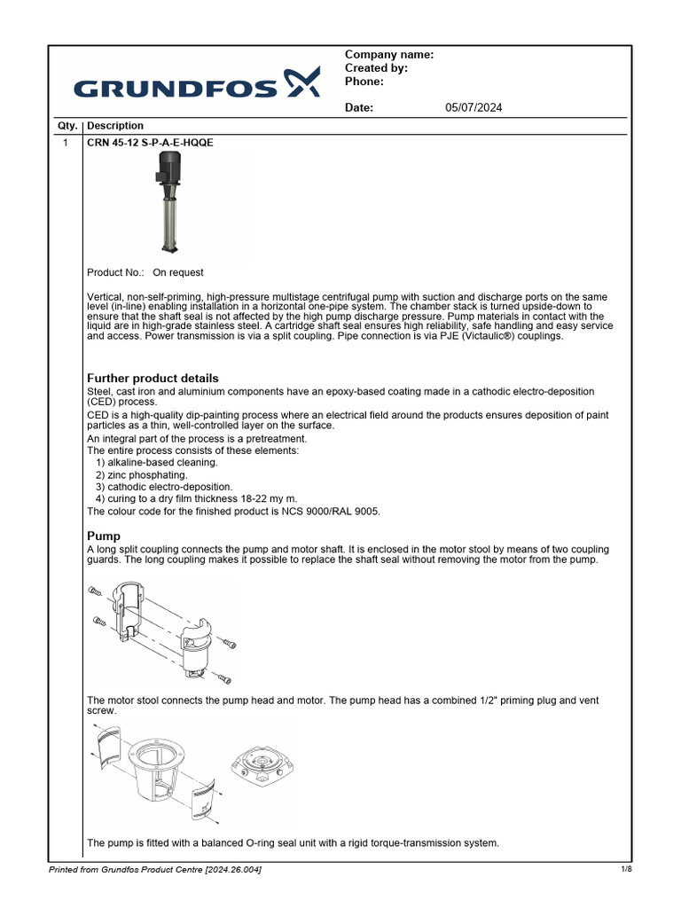 HP Pump Data Sheet - CRN 45-5 + CRN 45-12 | PDF | Pump | Electric Motor