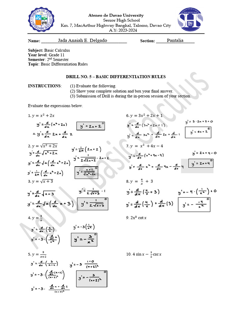 Drill 5 basic differentiation rules delgado pdf calculus