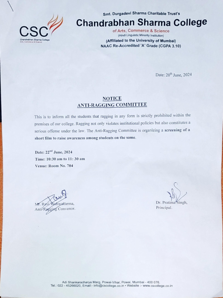 Anti-Ragging Awareness Screening Notice | PDF
