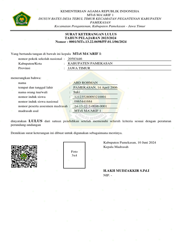 Contoh SKL 0065441684-ABD ROHMAN | PDF