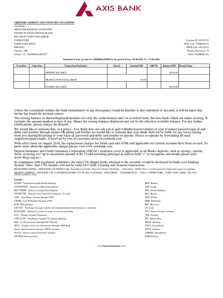 Axis Bank Statement: Greenerg Mobility | PDF | Banks | Debit Card