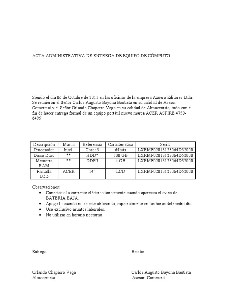 Acta Administrativa de Entrega de Equipo de Computo