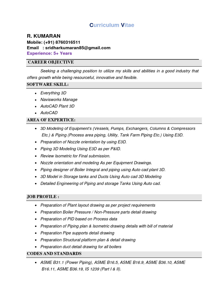 Engineering Profile of R. Kumaran | PDF | Boiler | Steam