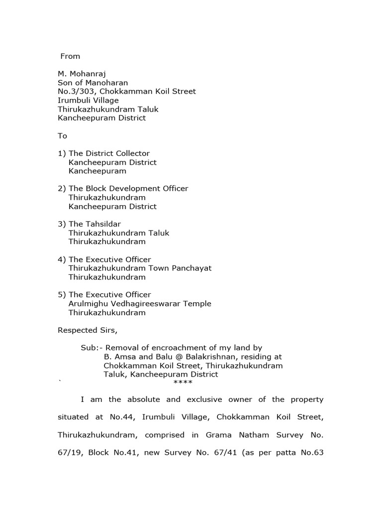 Land Encroachment Complaint Letter | PDF | Natural Resources Law | Justice