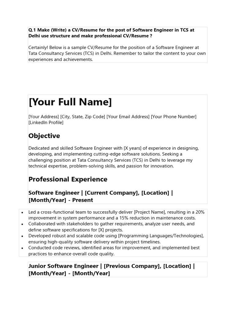 TCS Software Engineer CV Template | PDF | Software Engineering | Résumé