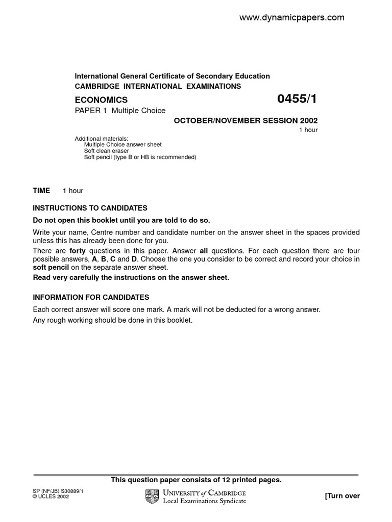 IGCSE Economics Paper 1 MCQ 2002 | PDF | Cost Of Living | Taxes