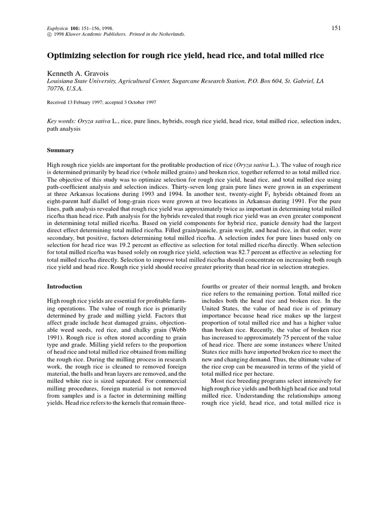 Gravois - Optimizing Selection For Rough Rice Yield, Head Ri | PDF ...