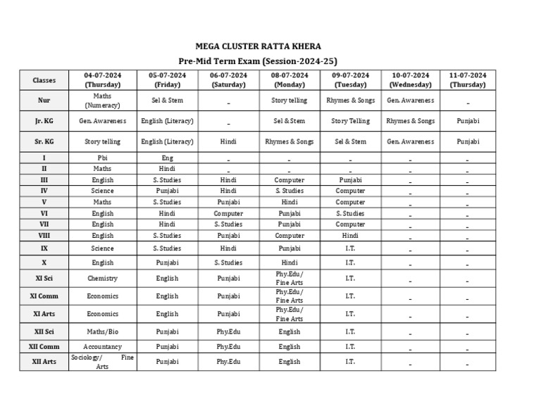 Mid Term Exam Datesheet 2024-25 | PDF