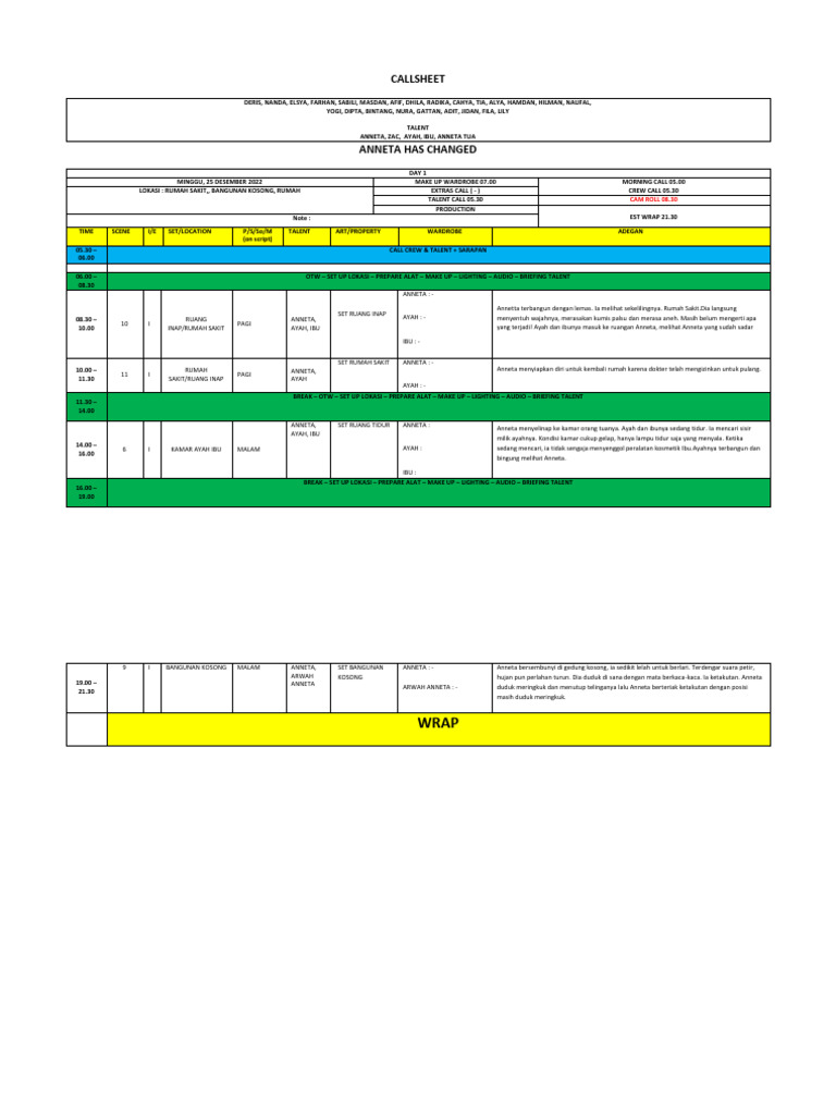 Contoh Call Sheet Produksi Film | PDF
