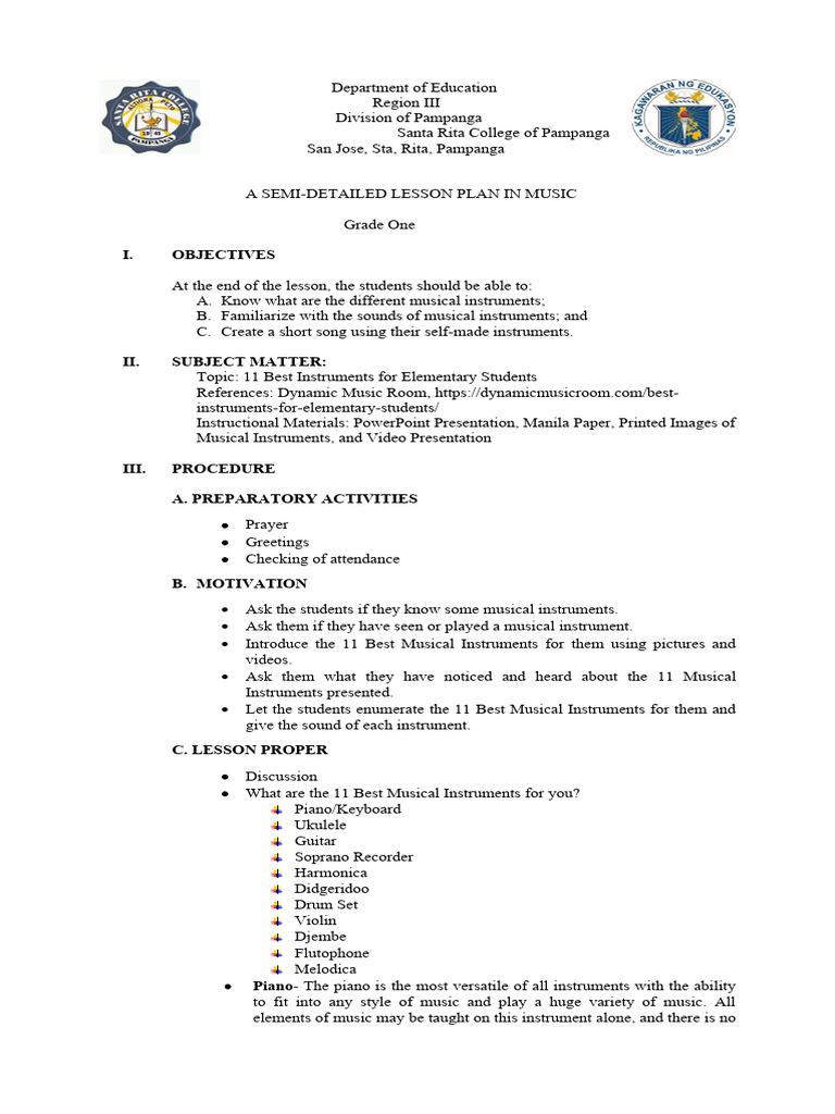 Grade One Music Lesson Plan: Instruments | PDF | Guitars | String ...