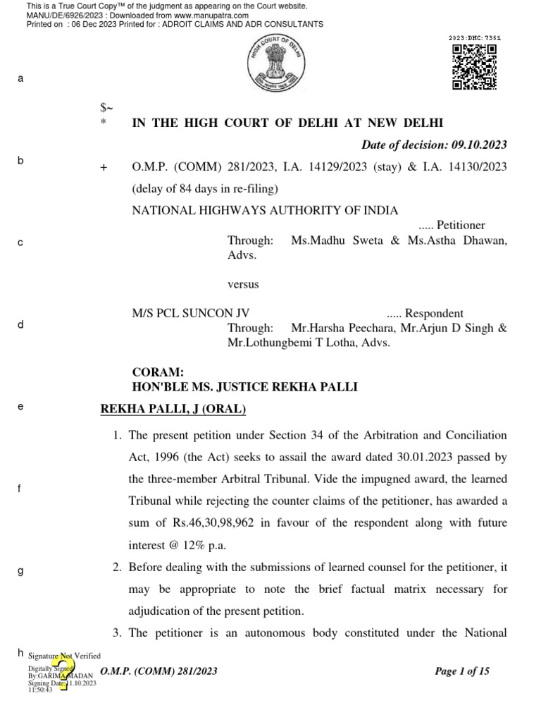 Delhi High Court Arbitration Award Review | PDF | Alternative Dispute ...