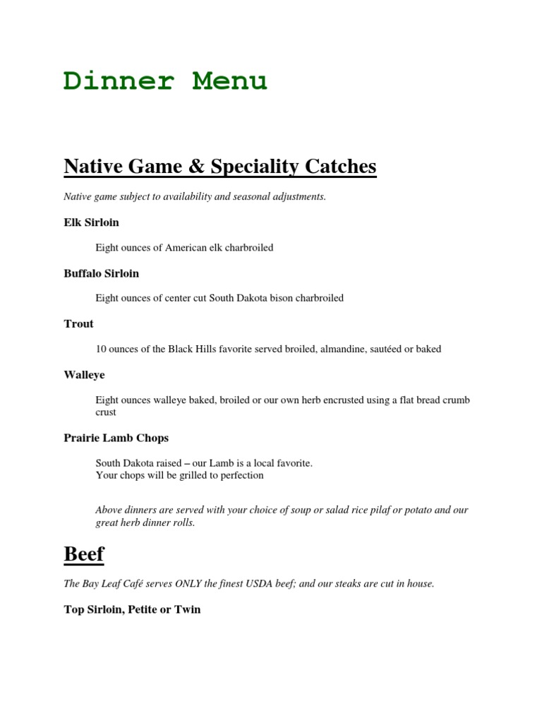 Dinner Menu: Native Game & Speciality Catches | PDF | Salad | Foods