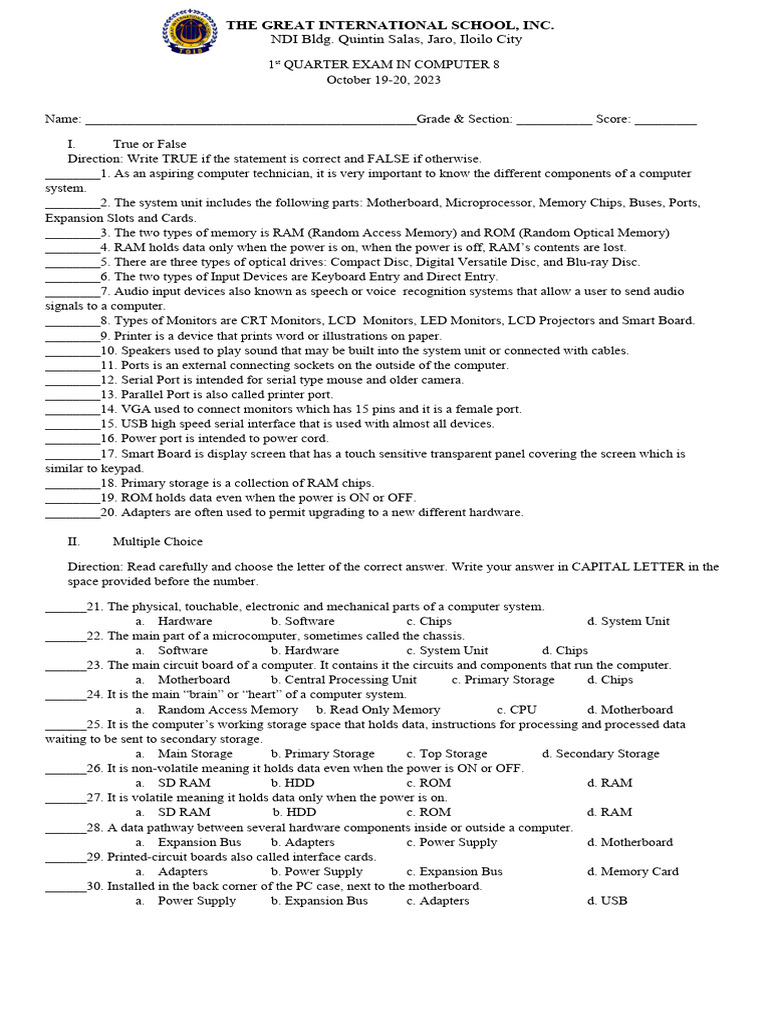 Computer 8 Exam: 1st Quarter Review | PDF | Computer Data Storage ...