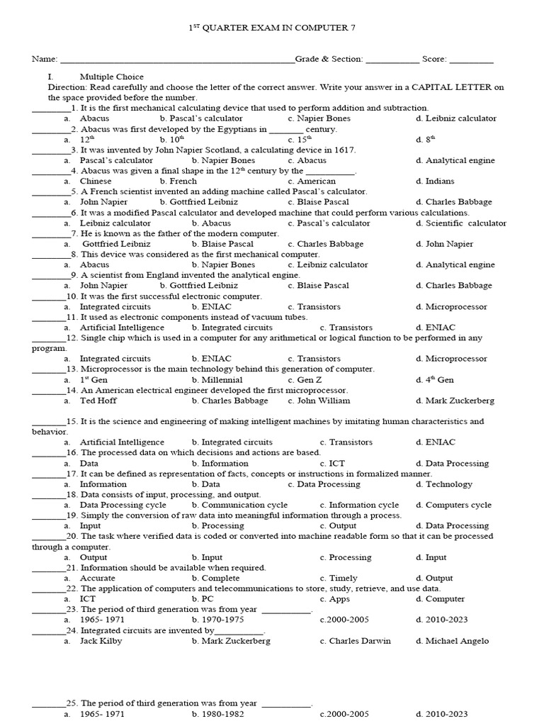1st Quarter Test in Computer 7 | PDF | Calculator | Central Processing Unit
