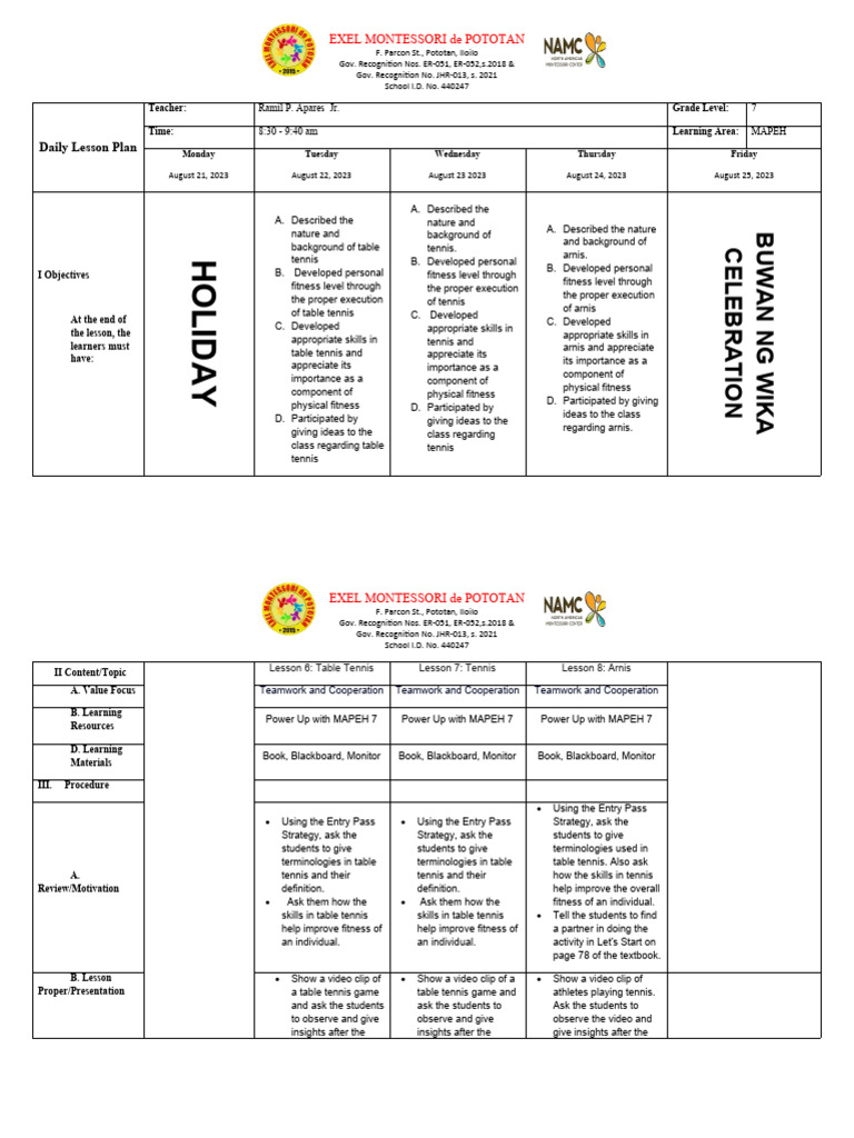 Grade 7 MAPEH Daily Lesson Plan | PDF | Learning | Behavior Modification