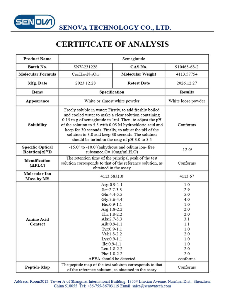 semaglutide msds Semaglutide COA from Senova Technology | PDF | High Performance Liquid  Chromatography