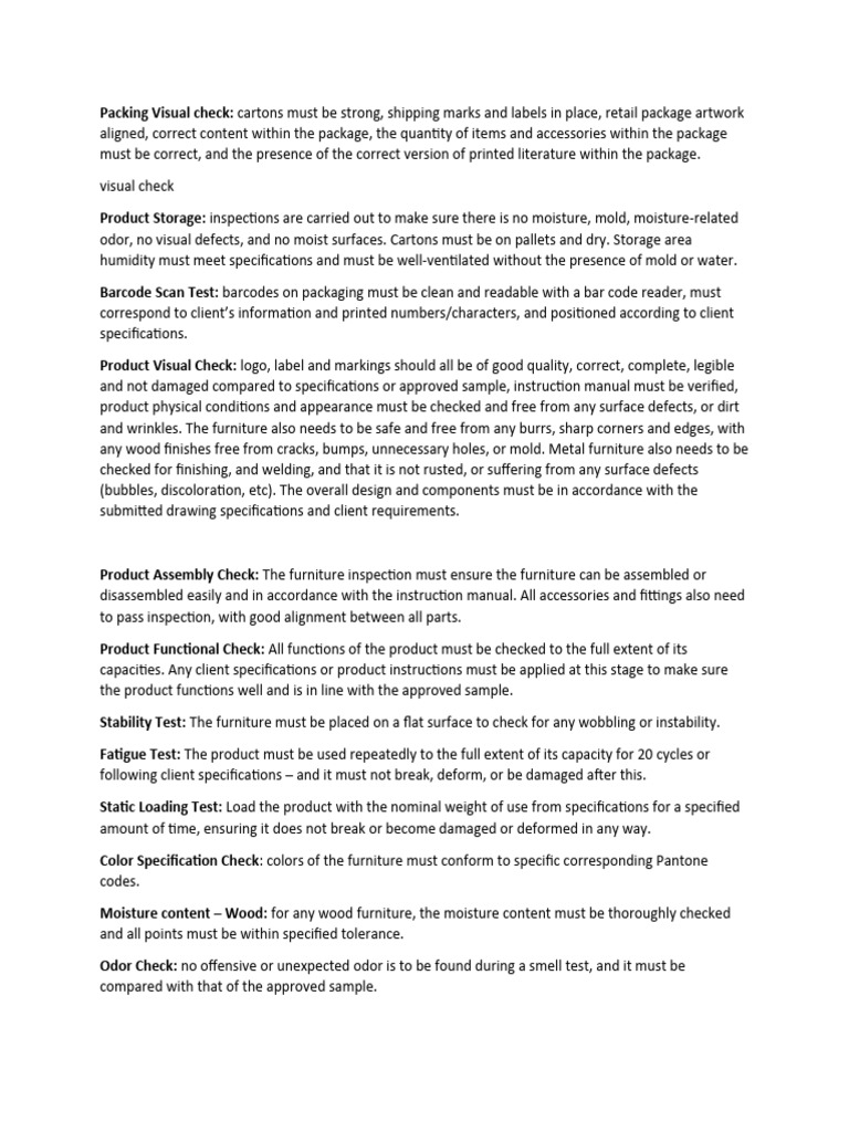 Furniture Quality Inspection Checklist | PDF | Barcode | Wood