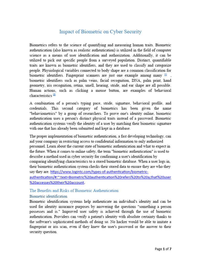 Biometric Authentication in Cybersecurity | PDF | Biometrics ...