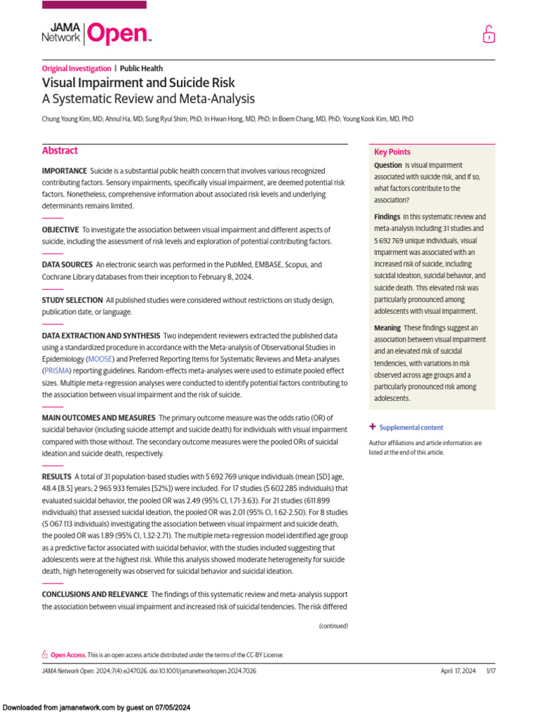 Visual Impairment and Suicide Risk A Systematic Review and Meta ...