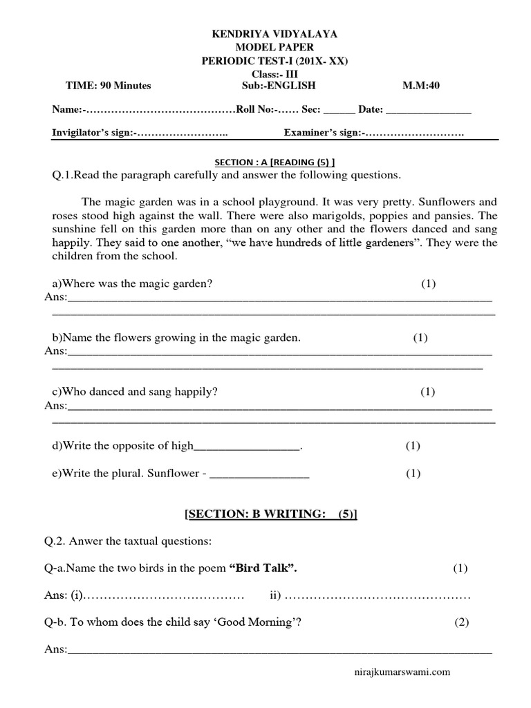 Grade 2 English Test Model Paper | PDF