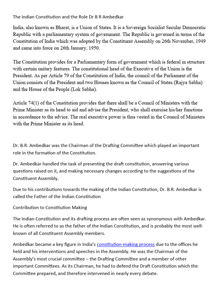The Indian Constitution and The Role DR B R Ambedkar | PDF | Legal ...