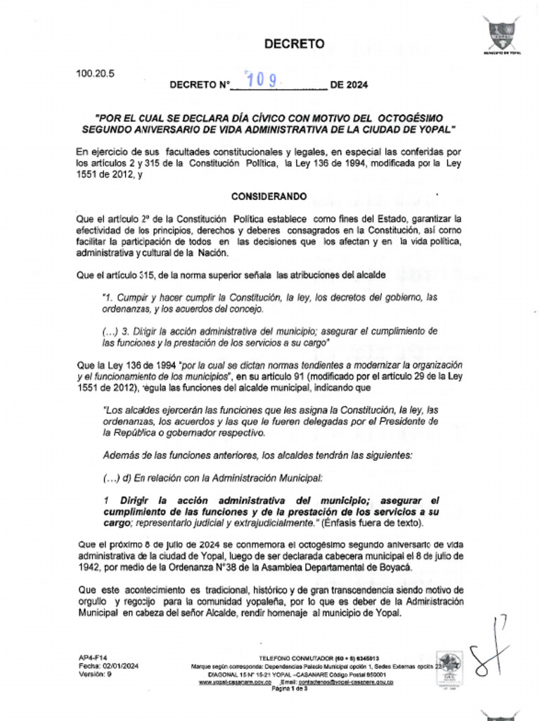 Decreto 109 de 2024 | PDF