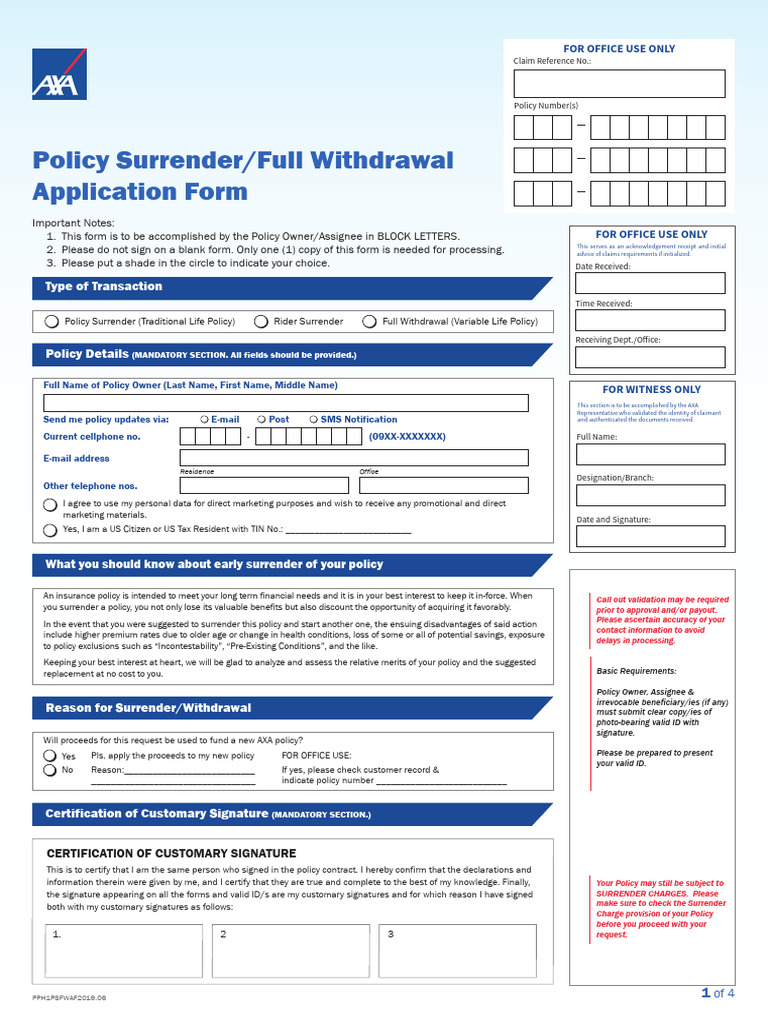 AXA Policy Surrender Application Form | PDF | Insurance | Cheque