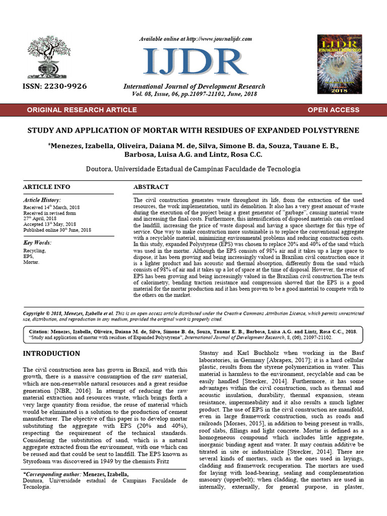 Study and Application of Mortar With Residues of Expanded Polystyrene ...