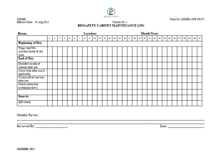 Biosafety Cabinet Maintenance Log | PDF
