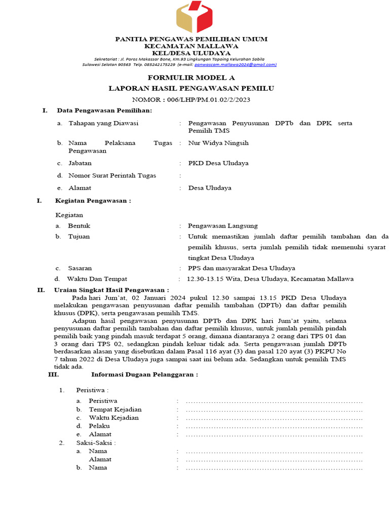 Form A Pengawasan Pemilu Desa Uludaya | PDF