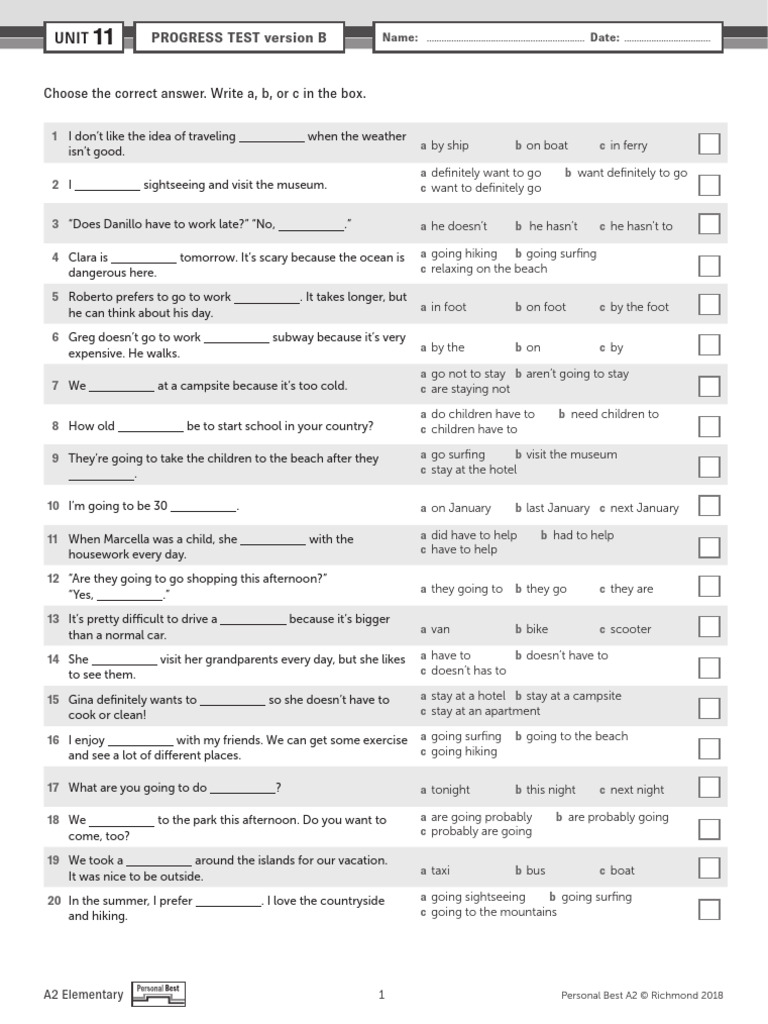 Unit Test: A2 Elementary Progress | PDF | Transport