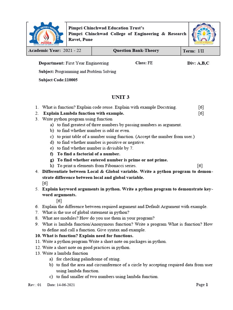 Python Programming Question Bank FE | PDF | Class (Computer Programming ...